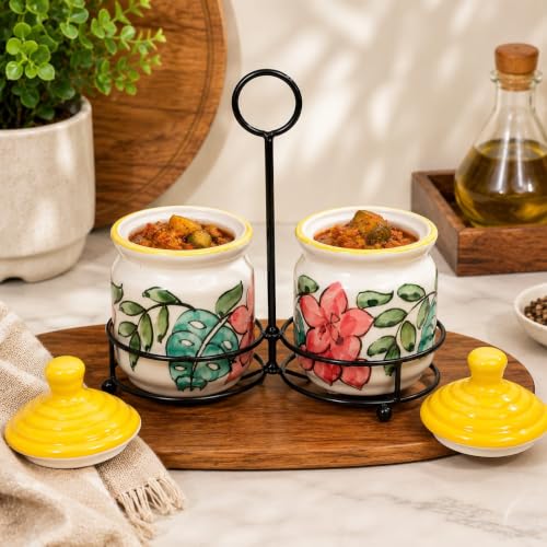 Image of Niyara Multipurpose Storage Ceramic Pickle set Jars & with Lid & tray (Set of 2, 300 ML) (YELLOW FLOWER)