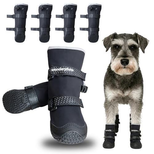 Wanderpfote Hundeschuhe im 4er-Pack – Wasserdichter Pfotenschutz für draußen mit Anti-Rutsch-Sohle, kuscheligem Fleece & reflektierenden Details (Schwarz, 5)