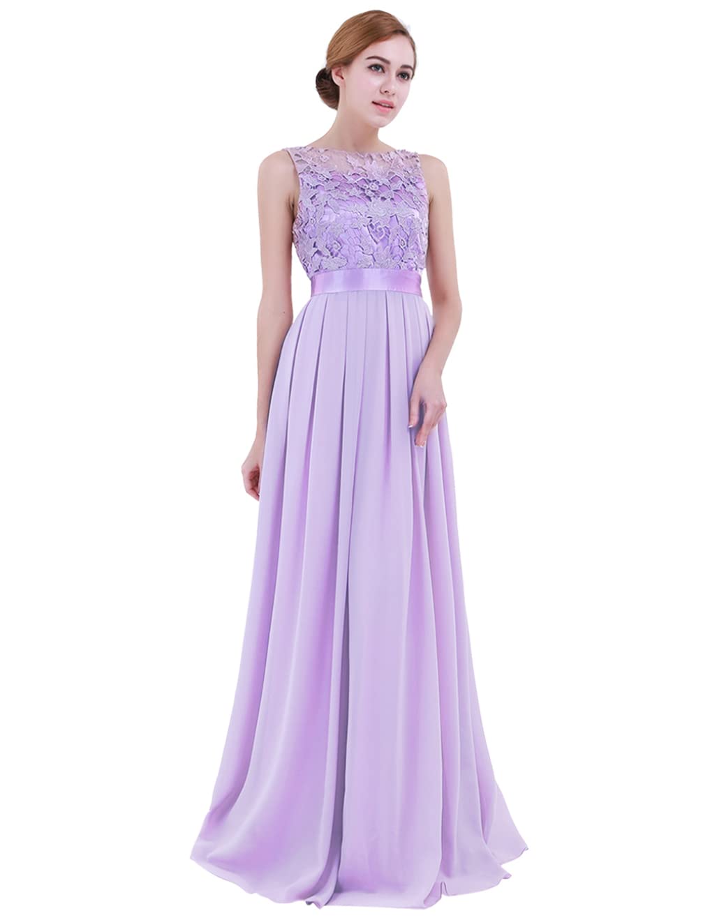 Feeshow Women's Lavender Elegant Floral Lace Chiffon Bridesmaid Dress Sleeveless Zipper Wedding Prom Ball Long Gown Dress 16