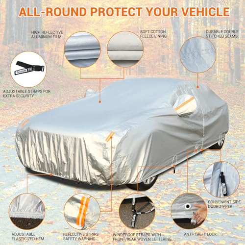 Image of Tecoom Car Cover Waterproof All Weather, 3 Layers Car Covers for Automobiles, Fleece Lining with Zipper Door Lock Full Exterior Covers, Wind Rain Snow Sun Hail Protection Fit for Sedan (191-200 Inch)