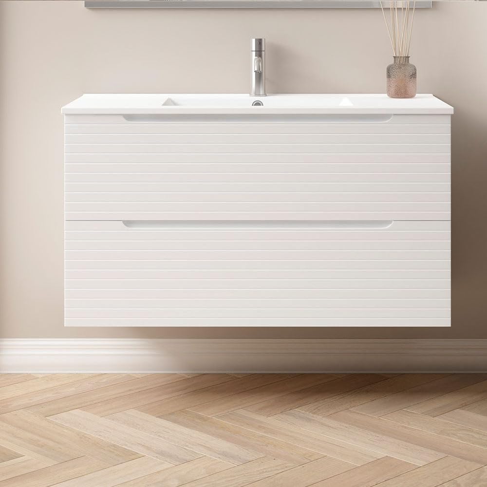 Kibath Mueble de baño con Lavabo Boreal 100x45 cm Acabado Blanco Mate 2 cajones suspendido
