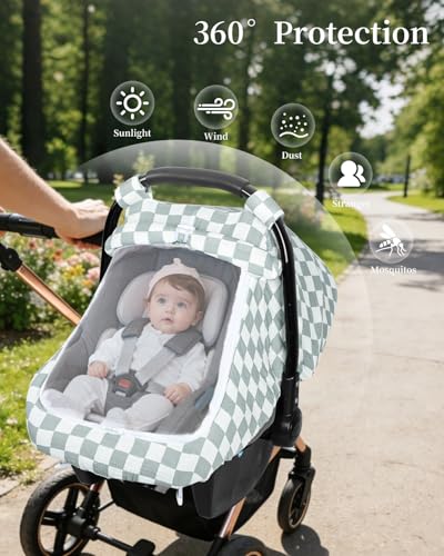 Image of DILIMI Car Seat Covers for Babies, Muslin Cotton Baby Car Seat Cover with Breathable Mesh Window, Summer Infant Car Seat Canopy for Boys Girls Newborn, Green Plaid