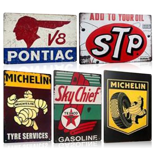 Lot de 5 Garage Plaque Metal Vintage Decoration - Atelier Panneau Pancarte Deco Murale - Retro Américaine Voiture Gas Station Cave Publicitaire 20x30cm (SET D)