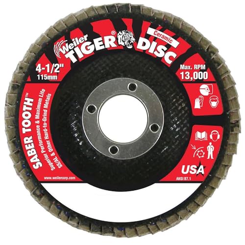 Image of Weiler 50102 Saber Tooth 7 /8 inch Arbor, 4-1 /2 inch Diameter, 60 Grit, Ceramic, Phenolic Backing, Angled Abrasive Flap Disc