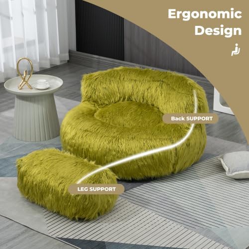 Miniatura 8 de Sillón puff mullido y perezoso sofá con reposapiés, moderno respaldo alto de felpa, tumbona de felpa