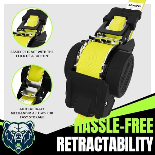 Image of Retractable Ratchet Straps, 4-Pack, 1 Inch x 12 Feet Heavy Duty Tie Downs, 1760lb Break Strength, Self Retracting for Truck, Cargo, Trailer, Motorcycle, ATV, UTV (Yellow, 4pack)