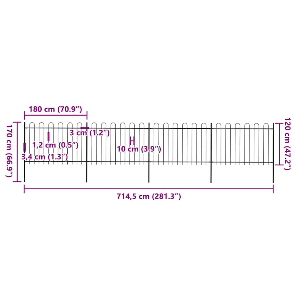 Clôture de jardin avec arceau en acier noir 680 x 120 cm, 4 panneaux, 5 poteaux, barrière périmétrique robuste pour terrasse, balcon, séparation et protection d’extérieur