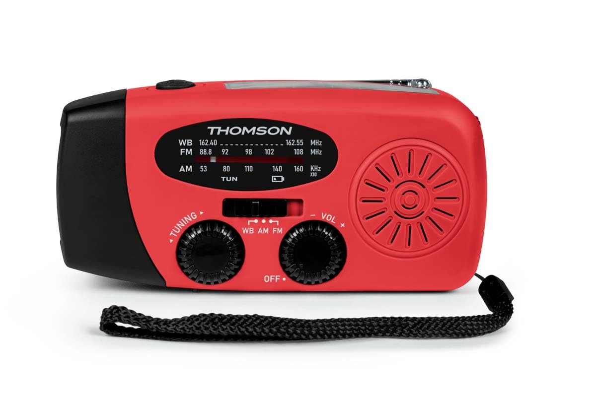 Radio FM Solaire Portable RT260,eclairage LED, Bouton SOS Alarme,Dynamo pour Recharge Manuelle, Recharge USB Batterie 2000 mAh, Charge d'appoint Smartphone (Rouge)