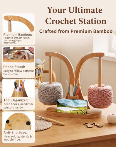 Image of SPEENSUN Tangle-Free Magnetic Double Yarn Holder for Crocheting | Upgraded Tall Spindles for Large Cake Yarns, Premium Bamboo, Smooth Magnetic Spinning, Phone Stand & Tool Organizer