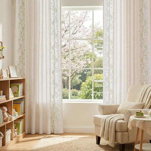 Image of jinchan Floral Linen Curtains, Back Tab 50x84 Inch, 2 Panels Sage
