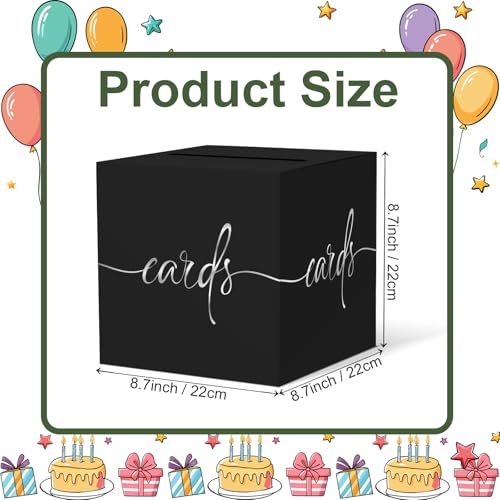 Image of Black Card Box with Silver Foil Design, Paperboard 8.7 inch Card Box for Birthday Wedding Party Graduation Retirement Anniversary Valentine's Day & Baby Showers Halloween, Raffle or Money Box