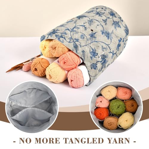 Image of Tatenale Crochet Bag Yarn Bag Knitting Project Bag with Pockets and Handle Portable Yarn Storage Organizer Tangle Free 8.3x11 InchWatercolor Blue and White Flower21