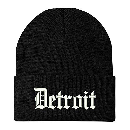 Trendy Apparel Shop Old English Font Detroit City Embroidered Winter Long Cuff Beanie - Black