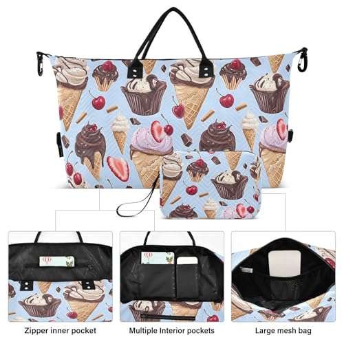 Chocolate Ice Cream Cherry Large Travel Duffle Bag Weekender Overnight Bags Gym Yoga Bag for Women Men with Toiletry Bag2