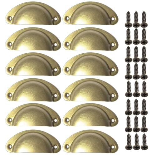 Mokife 12 Tiradores Conchas Armarios Vintage, Metal Manijas de Copa Pomos de Muebles Puerta con Tornillos para Cajones Armario Cómoda, Latón