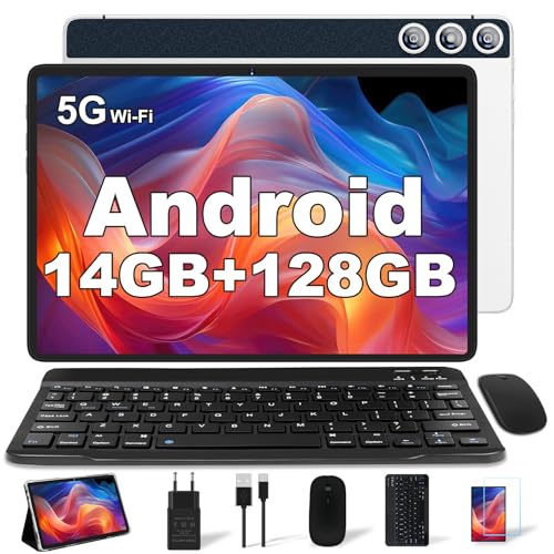 DMOAO Tablet 10 Pulgadas con 14GB RAM 128GB ROM, Android 13 Tablet 2 en 1, Octa-Core 1TB Ampliable, WiFi 5G, Cámara 8MP+5MP, 8000mAh, Teclado, BT5.0/GPS/OTG, Plata