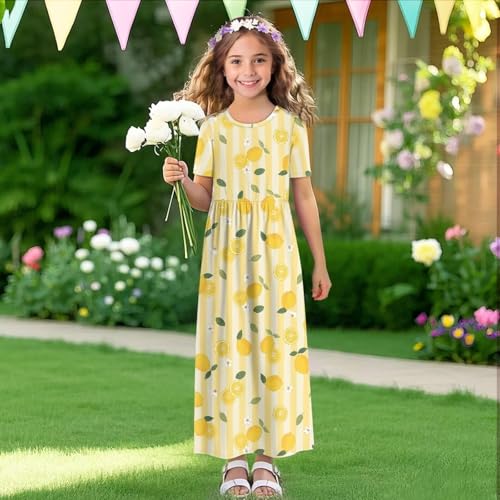 Girls Maxi Dress with Pockets Short Sleeve Swing Flowy Dress Holiday Dresses Summer Beach Sundress for 5-14 Years4