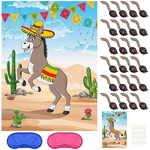 PLULON Pin the Tail on the Donkey Birthday Party Games for Kids Mexican Donkey Game Poster with 24Pcs Tail Stickers for Donkey Party Favors Carnival Birthday Fiesta Party Home Wall Decorations Cover