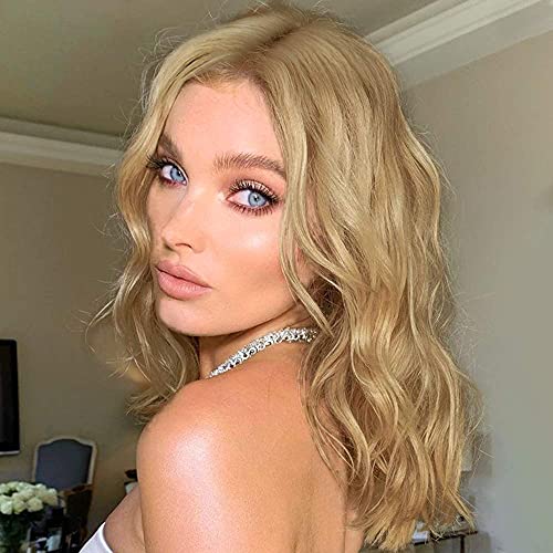Nnzes Short Curly Wavy Wig Beige Gold Shoulder Length Hair Synthetic Wigs for Women Natural Middle Part Heat Resistant Cosplay Wigs for Party Wear