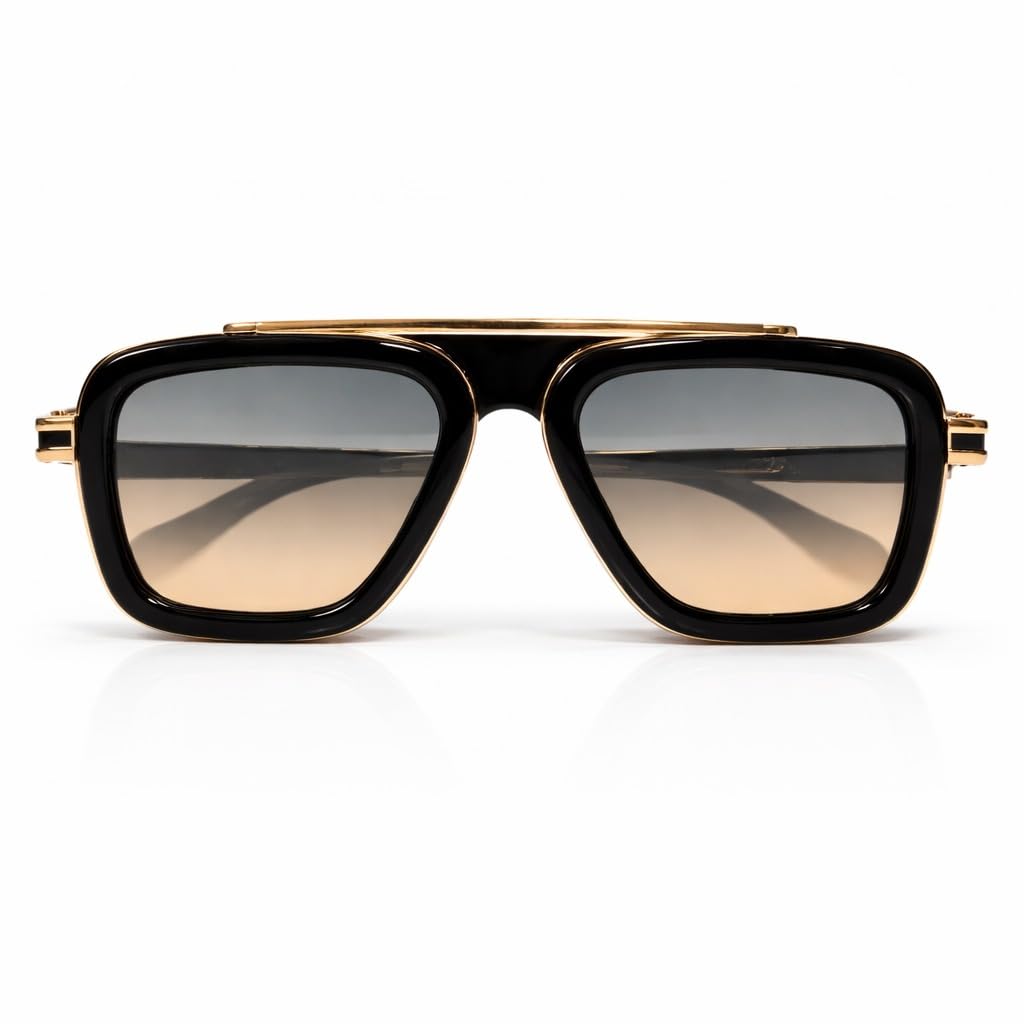 Square Aviator Sunglasses, Black and Gold Frame, Gradient Lenses, Double Bridge, Retro Style-image-32