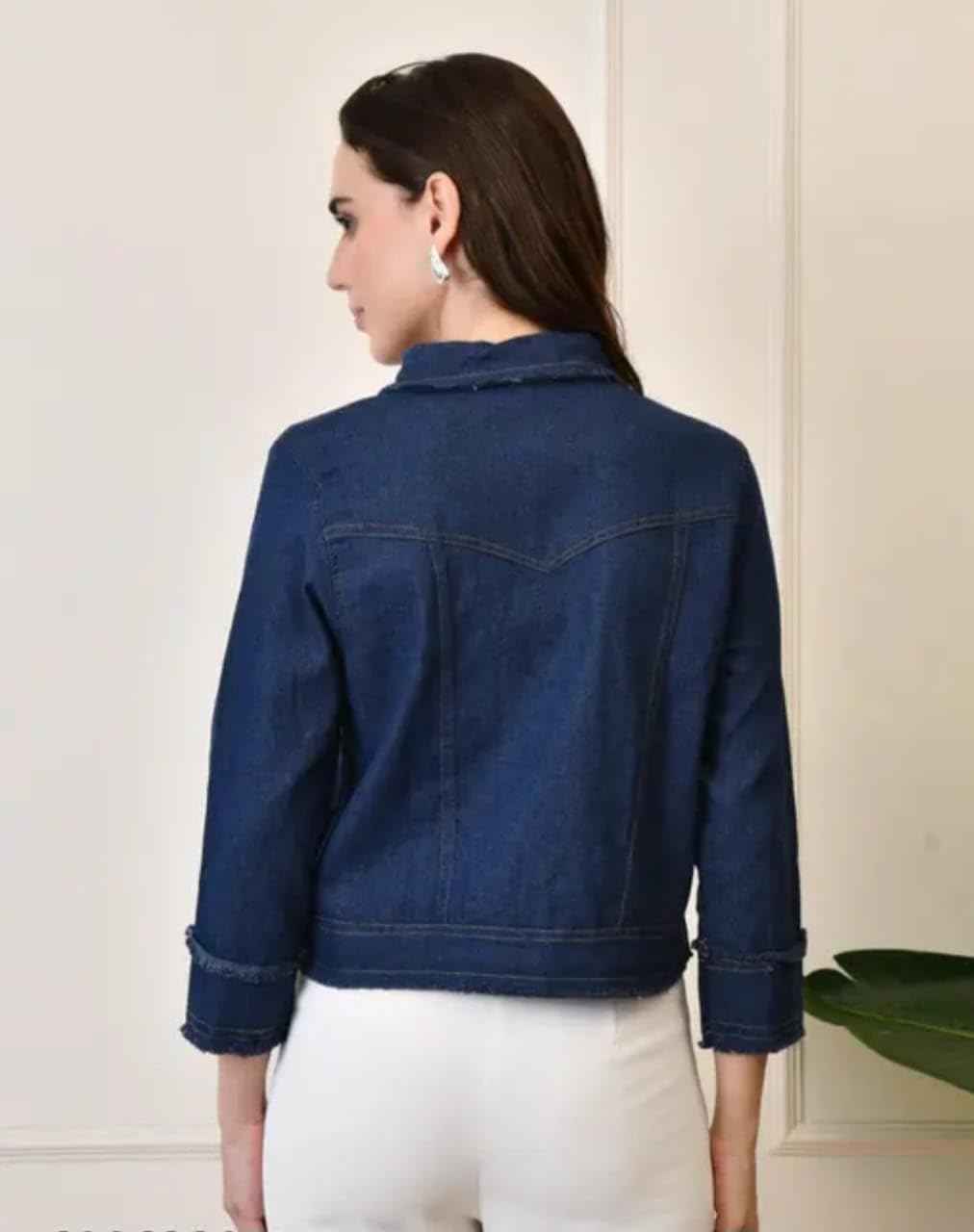 Women's Classic Denim Jacket, Dark Blue, Long Sleeve Button Down Casual Outerwear (IN, Alpha, L, Regular)