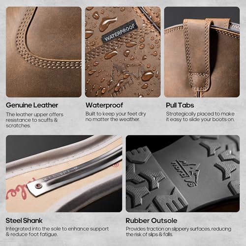 Image of NORTIV 8 Steel Toe Cowboy Boots for Men | Waterproof Pull on Wellington Western Cowboy Boots for Men with Full-grain Leather for Construction Farming Bronco Stormrider