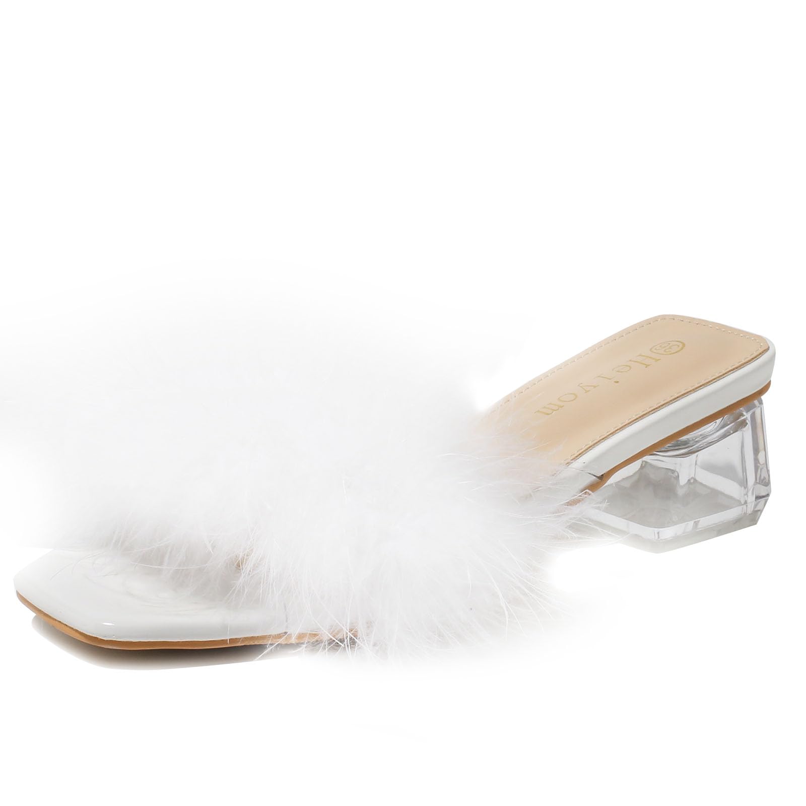 Women's Square Toe Heeled Sandals Low Block Chunky Heels Clear Mules Fluffy Feather Slip on Wedding Bridal Party Dress Shoes