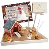 Threeheng Chicken Zen Garden Kit - Sand Tray Therapy Kit with Miniature Chicken Coop, Hen Figurines, and Accessories - Desk Sand Box for Meditation and Stress Relief - Fun Gift