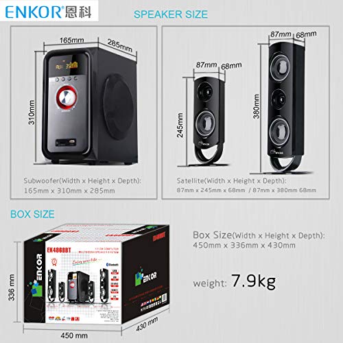 Image of ENKOR EK4868BT 4.1 Channel Bluetooth Home Theater Speaker System with 30W 5.25' Subwoofer, 3' Center & Full Range Speakers, Surround Sound, FM /USB /SD /HDMI, Karaoke, Black