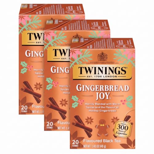 Twinings Gingerbread Joy Black Tea Individually Wrapped Bags, 20 Count (Pack of 3), Ginger &amp; Cinnamon, Caffeinated, Enjoy Hot or Iced | Packaging May Vary