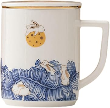 350Ml/12oz Sheep Fat Jade Ceramic Mark Cup, Office Tea Cup with Lid - Straight Form [Simplified]