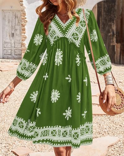 Image of BTFBM Women Casual Spring Summer Dresses V Neck 3 /4 Long Sleeve Ruffle Floral Flowy Boho Babydoll Mini Short Beach Dress