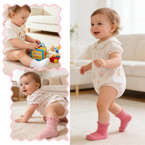 Image of SNOWIE SOFT 3-Pair Baby Ruffle Cuff Ankle Socks for Girls 1-3 Years Frilly Cotton Ribbed Sock, Breathable Stretch Dress Sock, Non-Slip Heel, Soft Casual Grip Socks for Toddlers Baby Shower Gifts