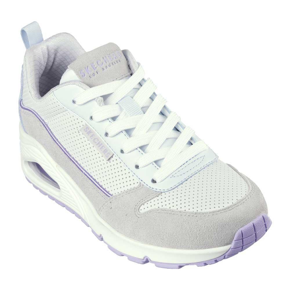 Chaussures Skechers UNO Two Much Fun en daim gris avec semelle à coussin d'air visible
