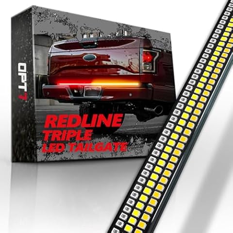 OPT7 60" Redline Triple Row LED Tailgate Light Bar w/Sequential Amber Turn Signal - Weatherproof Rigid Aluminum Frame Light Strip for Trucks - No Drill Install - Full Function Reverse Brake Running Cover