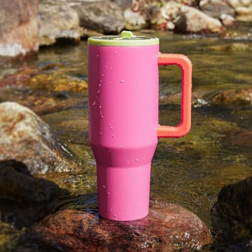 Image of House of Quirk 1200ML Tumbler with Handle & Simple Flip Straw - Car Cup Holder Friendly, Leak Resistant Stainless Steel Water Bottle with Rubber Base (Neon Magenta)