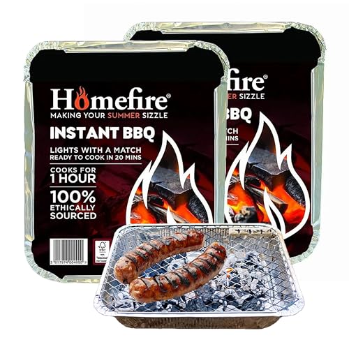 Homefire Disposable Portable BBQ Grill Tray - Pack of 2 Instant Light Charcoal Barbecues Grill Tray with Topline Card for Garden BBQs Camping BBQ Fishing or Picnic Set