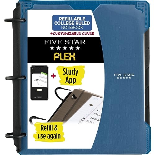 Five Star Flex Refillable Notebook + Study App, 1 Inch Binder with Customizable Cover, College Ruled Notebook and 3 Ring Binder, Hybrid NoteBinder, 200 Sheet Capacity, Color Will Vary (29326)