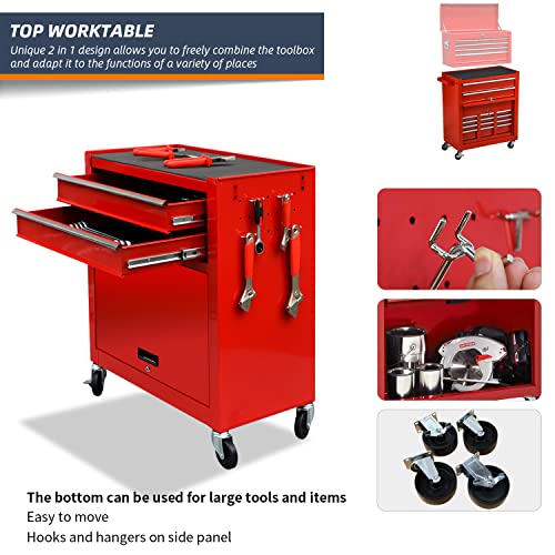 8-Drawer High Capacity Rolling Tool Chest With Wheels, Big Tool Storage Removable Tool Box Combo, Tool Storage Cabinet With Lockable Drawers, Toolbox For Workshop And Mechanics Garage (Red) #TOP2