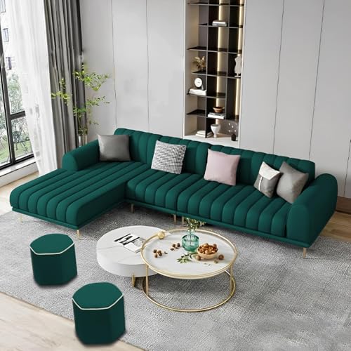 Image of Casaliving Herrick LHS 6 Seater L Shape Sofa Set with 2 Puffy for Living Room (Pine Colour Fabric) Premium Velvet Fabric Sofa