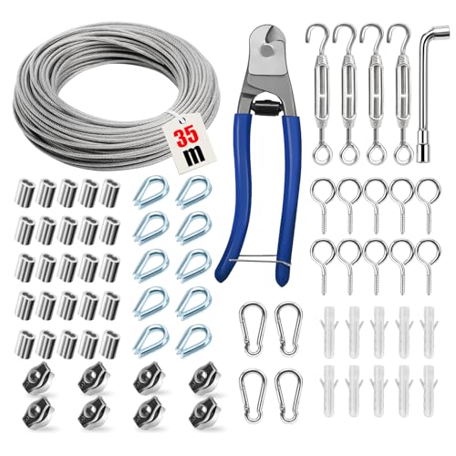 Angooni Kit de câble en acier 74 pièces, câble en acier inoxydable épaissi de 3 mm, 35 m,...
