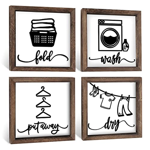 Laundry Room Wall Decor Laundry Signs, Farmhouse Rustic 3D Wash Fold Dry Repeat Laundry Decor Framed Wood Laundry Signs Wall Hanging Art Plaque Home Decor Laundry Shelf Decor, Set of 4 Brown White