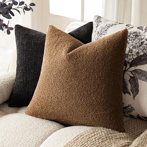 Image of Foindtower Pack of 2, Curly Faux Fur Decorative Throw Pillow Covers Soft Fuzzy Plush Cushion Case with Zipper Cozy Pillowcase for Home Living Room Couch Bed Sofa 20 x 20 Inch,Dark Bronze