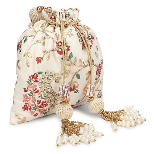 Image of LONGING TO BUY Indian Embroidered Pearl Potli Bag For Women, Sequence Design with Tassel, Wedding Potli Bags