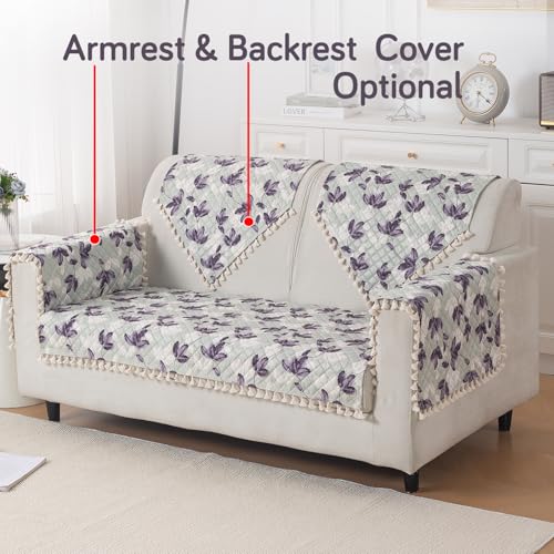 Image of HOKIPO Lavender Vine 2 Seater Quilted Sofa Cover Mat with Tassels 'Tassel Twigs' Series (IN-983-T1)