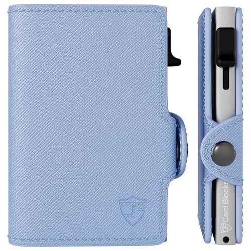 Image of Conceal Plus Small RFID Pop Up Wallet for Women | Slim Minimalist Metal Card Holder 4-6 Card Capacity | Compact Travel Wallet with RFID Blocking Security | Saffiano Sky Blue