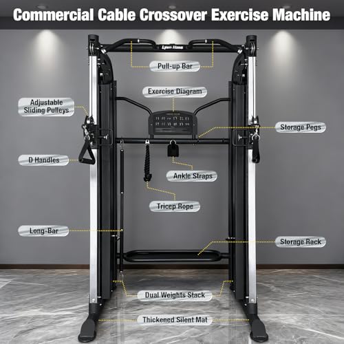 Image of Commercial Functional Trainer Cable Machine, Multifunctional Cable Crossover Exercise Machine, All in One Home Gym System, Workout Weight Machine for Strength Training, Compact Fitness Equipment Set