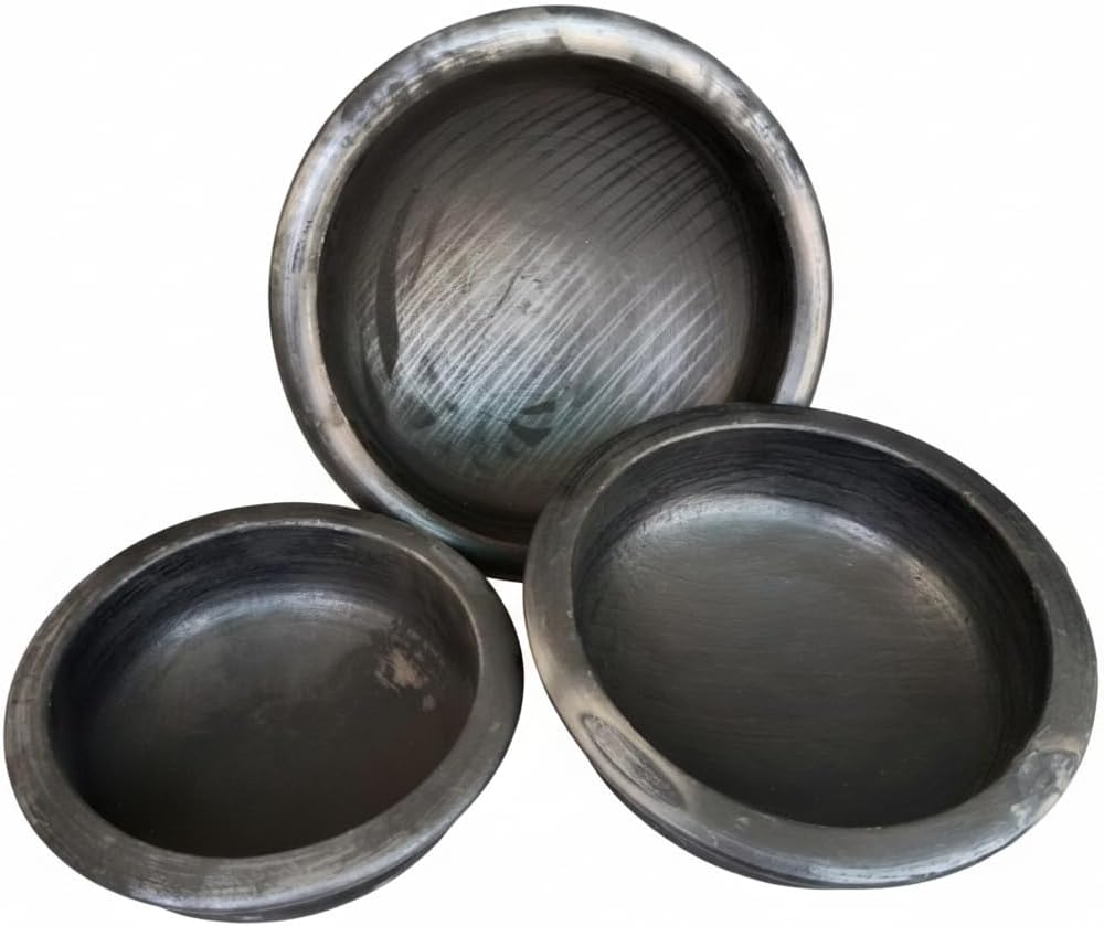 Deep Burned Clay Cooking Pot Set, Uncoated/Traditional Cookware/Handi for Cooking and Serving,Terracotta/Earthen/Mud/Mitti,1L 2L 3L Combo, Black, 3 Pieces