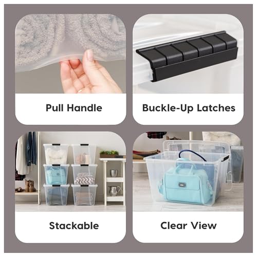 Image of IRIS USA 54 Qt Stackable Plastic Storage Bins with Lids, 12 Pack - BPA-Free, Made in USA - See-Through Organizing Solution, Latches, Durable Nestable Containers, Secure Pull Handle - Clear