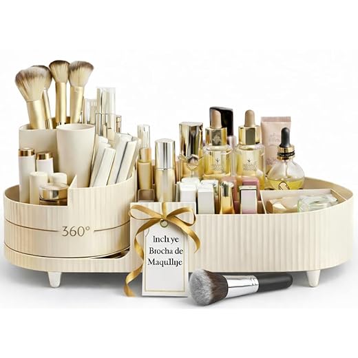 Organizador de Maquillaje, Organizador de Cosméticos, Makeup Organizer + Folleto Trucos Maquillaje y Brocha Plana, Caja Organizadora de Maquillaje, Skincare Organizer, Arrumacao Maquilhagem (Beige)
